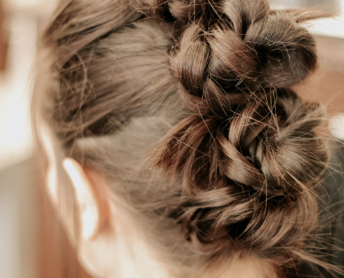Barre Code and Garbo's Collab - Fitness Hairstyles - Four Braided Buns Close Up